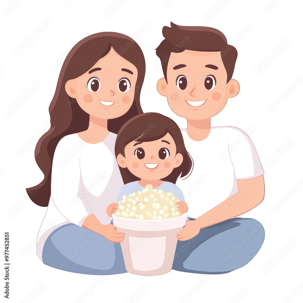 A happy family enjoying popcorn together, showcasing love and joy in a cozy setting. transparent background A happy family enjoying popcorn together, showcasing love and joy in a cozy setting. transparent background