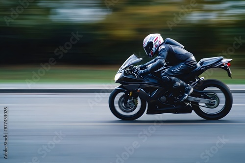 rider racing with sport motorcycle at full sped on the road while wearing safety gear and helmet