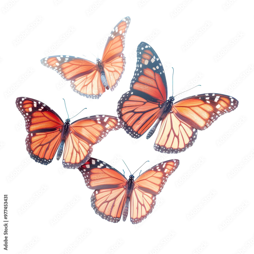 Fototapeta premium Four orange butterflies are flying in a circle