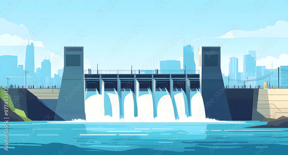 Naklejka premium Modern Hydroelectric Dam with Flowing Water and City Skyline in the Background