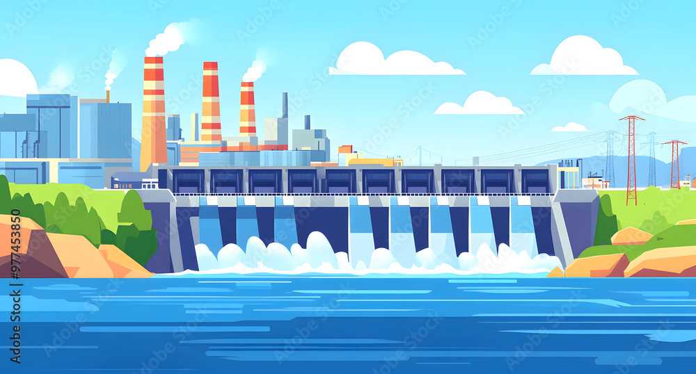 Naklejka premium Modern Hydroelectric Dam with Flowing Water and City Skyline in the Background