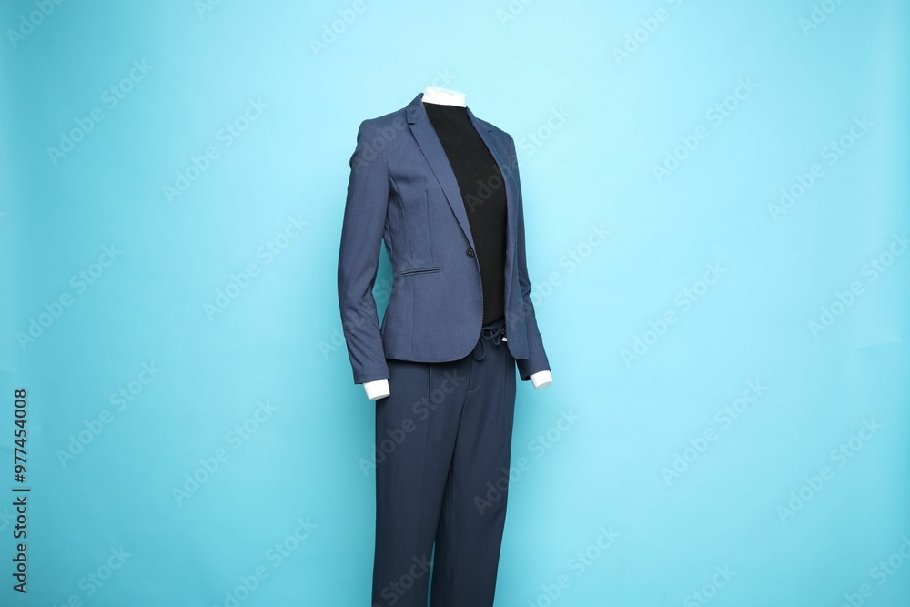 Female mannequin with stylish suit on light blue background Female mannequin with stylish suit on light blue background
