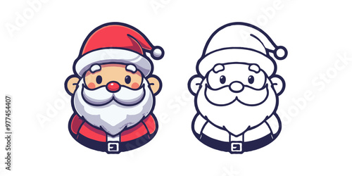 Illustration of a cute Santa Claus character in color and black & white. The image is on a white background