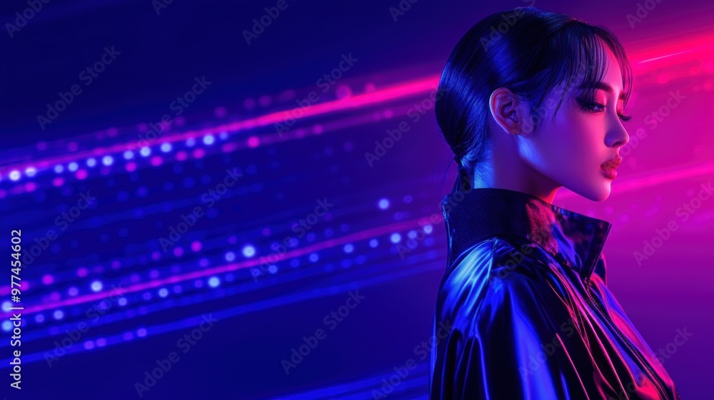 Fototapeta premium A modern portrait showcasing a stylish individual against vibrant neon lights, highlighting a blend of sophistication and creativity.