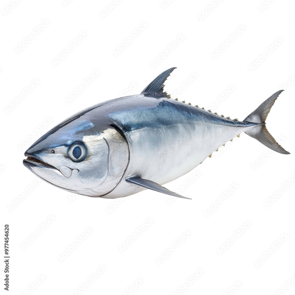 A large fish with a blue eye is shown on a white background A large fish with a blue eye is shown on a white background