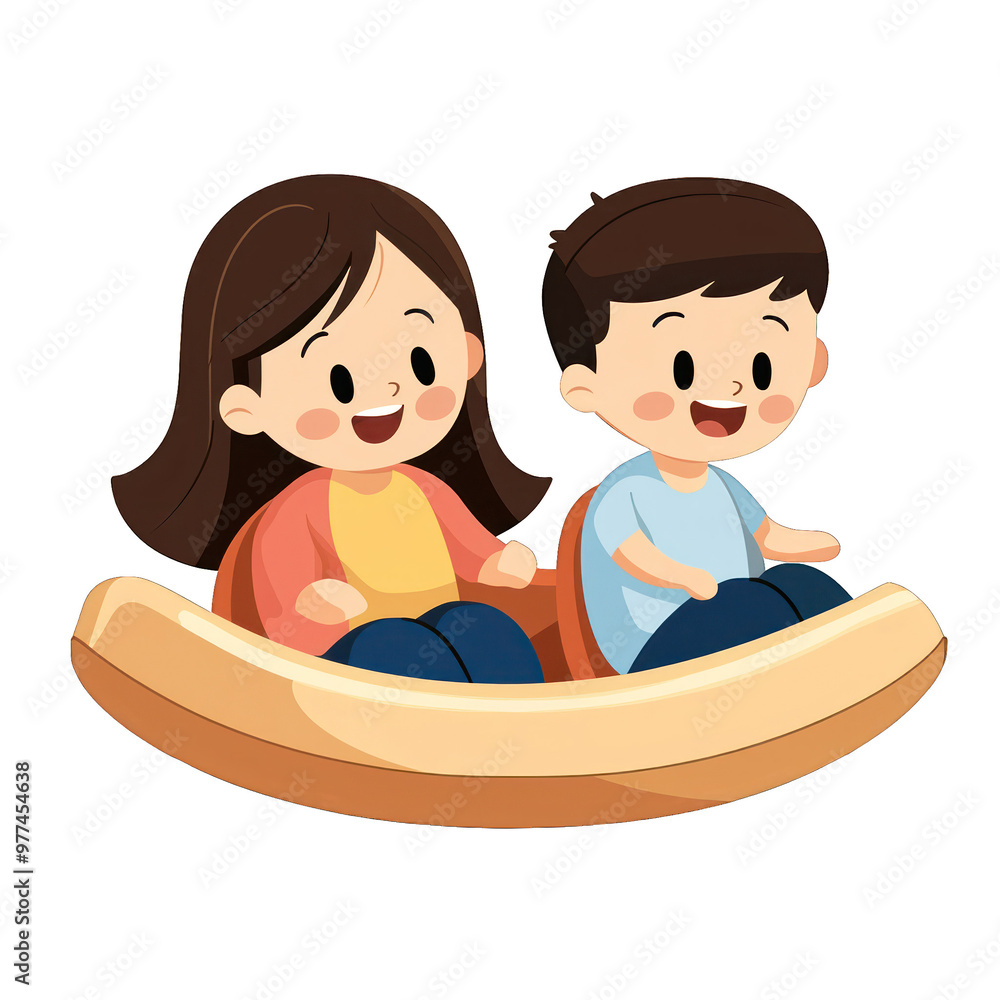 Two joyful children enjoying a fun amusement park ride, radiating happiness and excitement in a colorful cartoon style. transparent background Two joyful children enjoying a fun amusement park ride, radiating happiness and excitement in a colorful cartoon style. transparent background