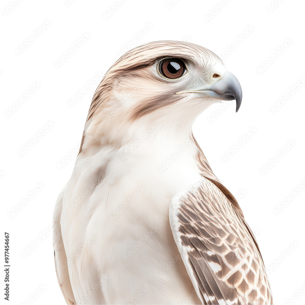 A white bird with brown and white feathers is standing on a white background A white bird with brown and white feathers is standing on a white background