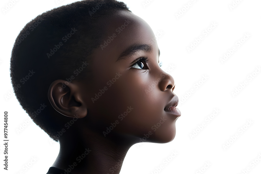 A close-up side view portrait of an African small boy with black skin against a white background, A close-up side view portrait of an African small boy with black skin against a white background,
