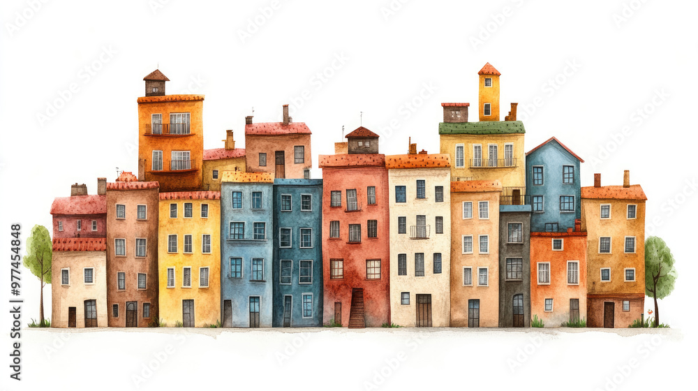 Fototapeta premium A colorful watercolor illustration of charming buildings, showcasing vibrant hues and unique architectural styles in a whimsical design.
