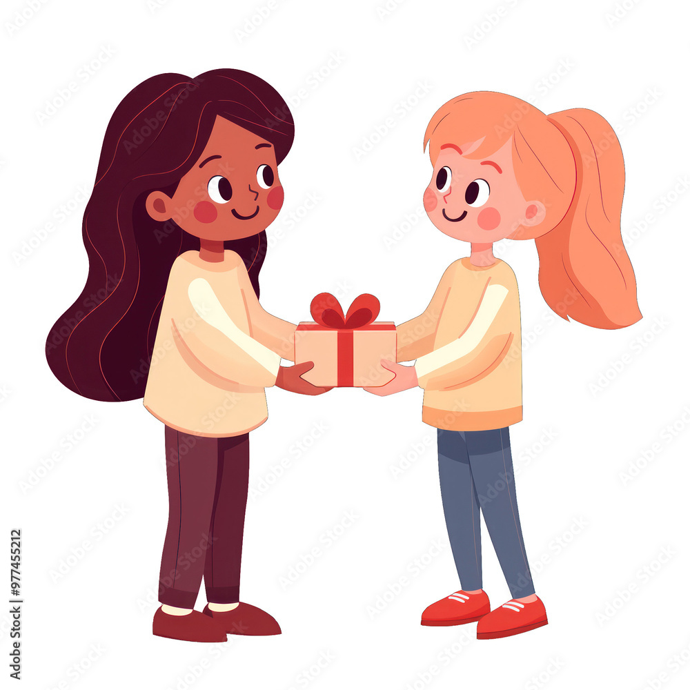 Two friends joyfully exchanging a gift, symbolizing friendship and sharing in a colorful and cheerful illustration. transparent background Two friends joyfully exchanging a gift, symbolizing friendship and sharing in a colorful and cheerful illustration. transparent background