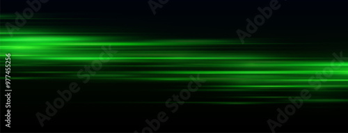 Moving fast green laser light beams isolated on black background. Abstract light effect. Green lens flare. Horizontal rays glowing in the dark. Vector