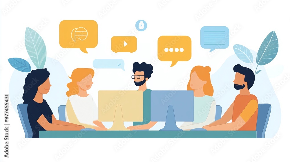 productive meeting where a group is engaged with a computer screen, highlighting teamwork, digital collaboration, and effective communication productive meeting where a group is engaged with a computer screen, highlighting teamwork, digital collaboration, and effective communication