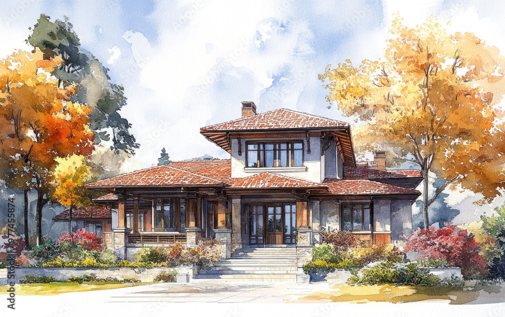 Charming autumn house surrounded by colorful trees and clear skies, showcasing a perfect blend of nature and architecture. Charming autumn house surrounded by colorful trees and clear skies, showcasing a perfect blend of nature and architecture.