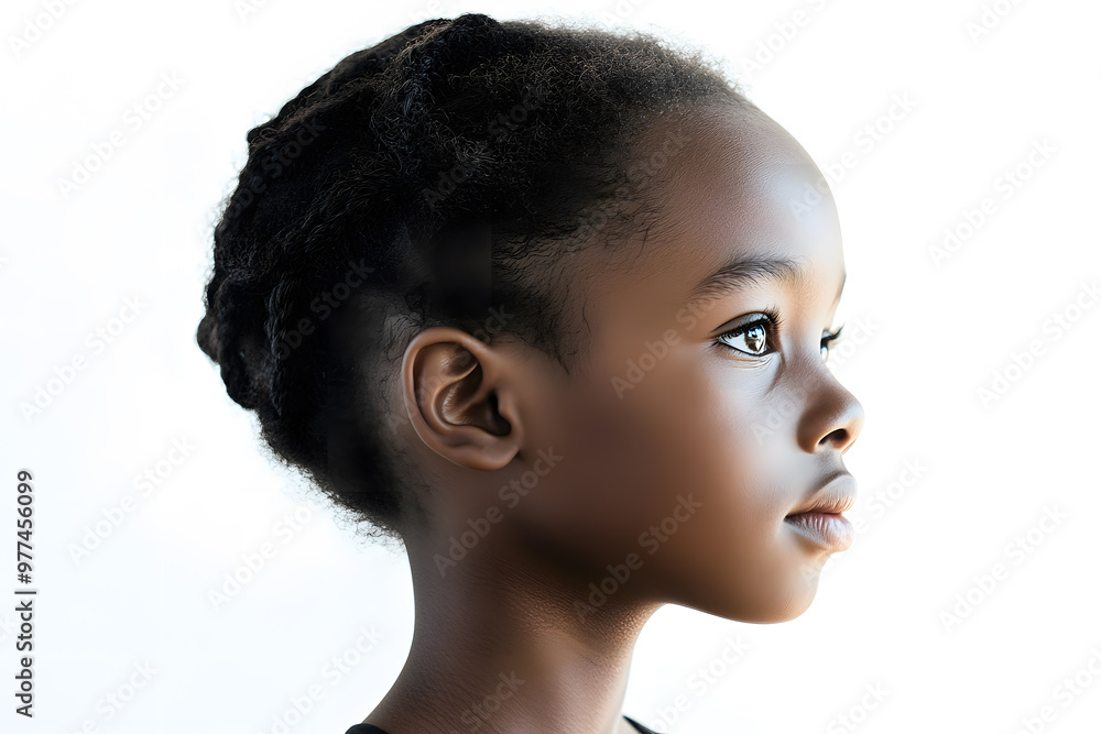 A close-up side view portrait of an African child girl with black skin against a white background, A close-up side view portrait of an African child girl with black skin against a white background,