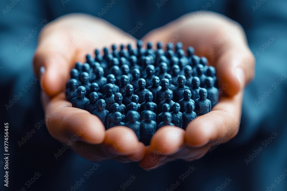 The Weight of Humanity: Miniature figures gathered in open hands, symbolizing the responsibility and care for society. 