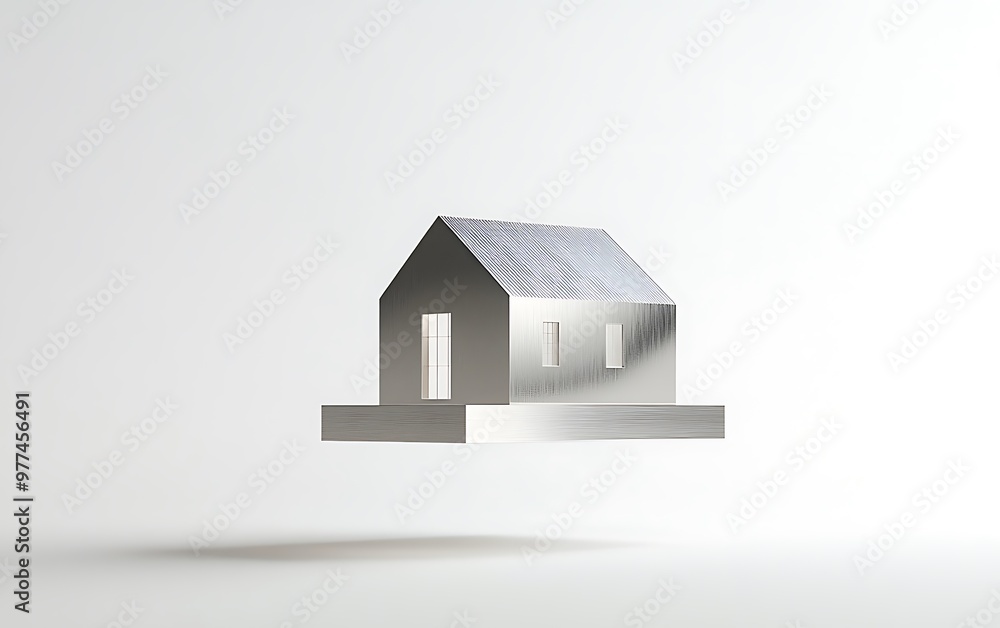 Serene Minimalist Silver Floating House on White Background with Soft Shadows - Realistic High-Resolution Photography Serene Minimalist Silver Floating House on White Background with Soft Shadows - Realistic High-Resolution Photography