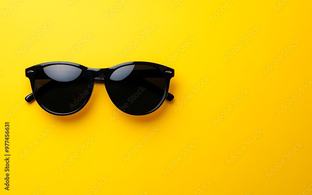 Chic Black Sunglasses on Vibrant Yellow Background - Summer Fashion Accessories Flat Lay with Copy Space, Minimal Style and High Resolution Detail Chic Black Sunglasses on Vibrant Yellow Background - Summer Fashion Accessories Flat Lay with Copy Space, Minimal Style and High Resolution Detail