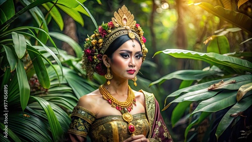 Elegant aristocratic woman in ornate traditional dress and jewelry, posing regally amidst lush tropical foliage, evoking exotic 19th-century colonial-era opulence in Java, Indonesia. photo