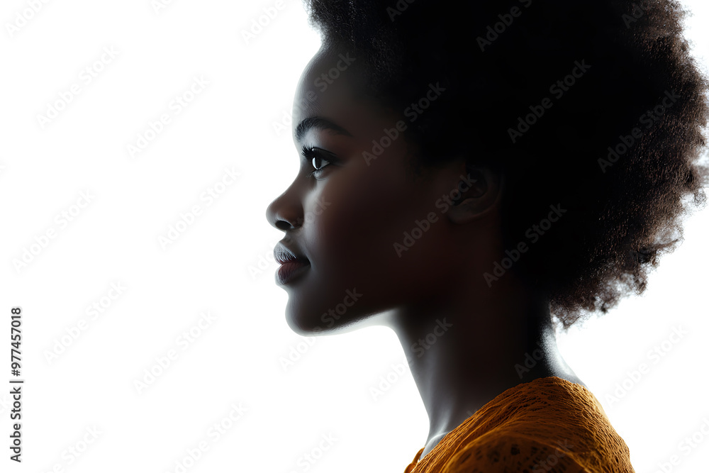 Close-up side view portrait of smiling beautiful African woman with radiant dark skin isolated on white background Close-up side view portrait of smiling beautiful African woman with radiant dark skin isolated on white background