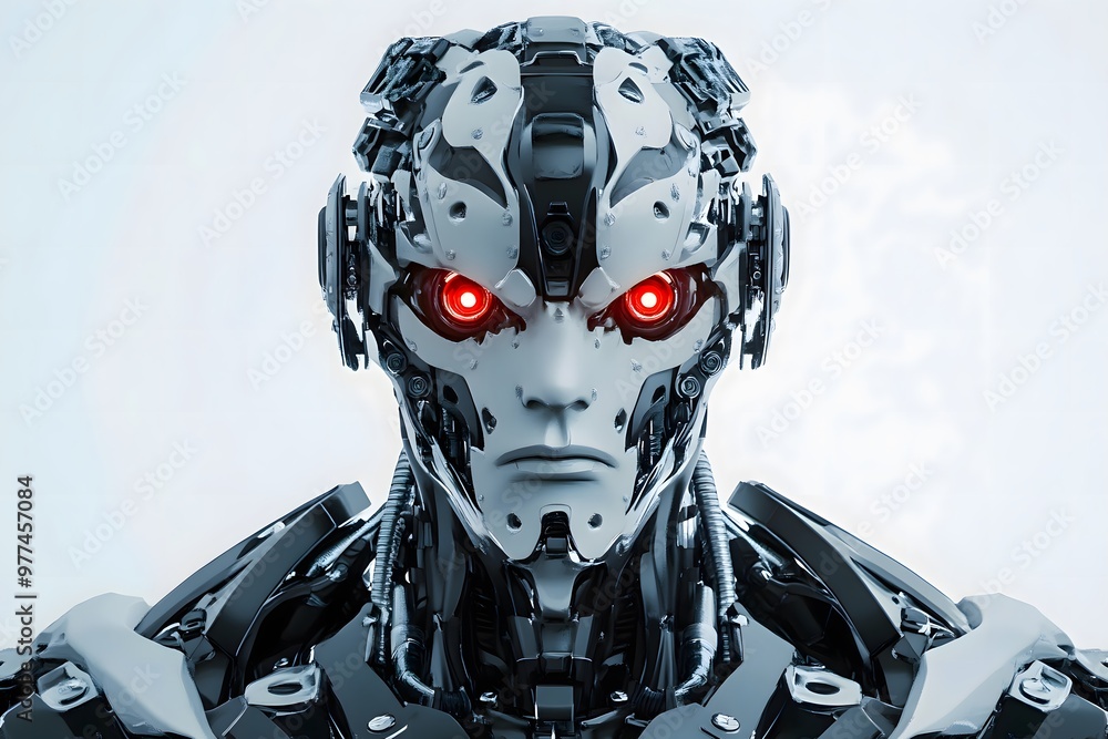 futuristic robot cyborg with angry red eyes, artificial intelligence futuristic robot cyborg with angry red eyes, artificial intelligence