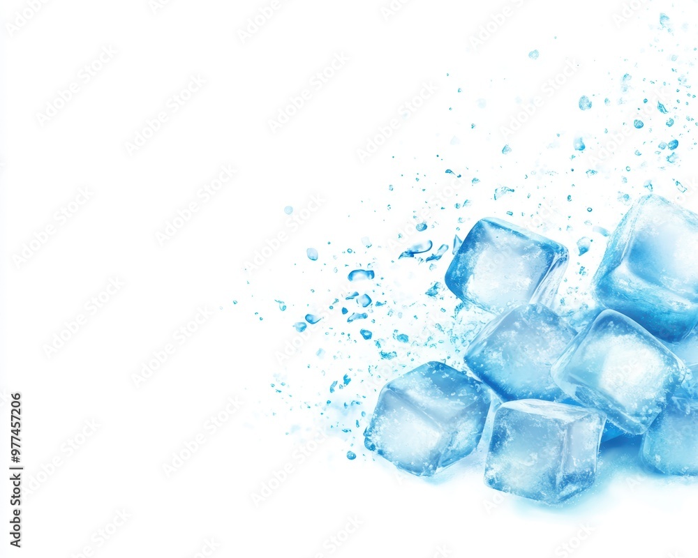 Fresh, clear ice cubes with water splash, perfect for refreshing drinks and summer beverages. Fresh, clear ice cubes with water splash, perfect for refreshing drinks and summer beverages.