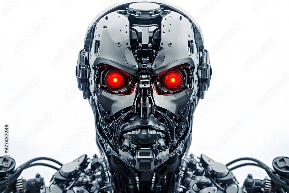 futuristic robot cyborg with angry red eyes, artificial intelligence futuristic robot cyborg with angry red eyes, artificial intelligence