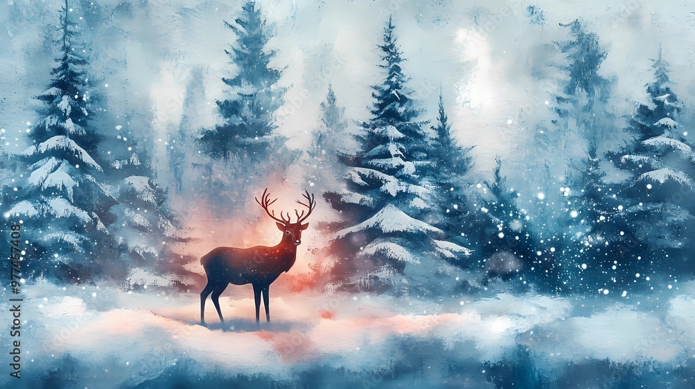 Illustration of a snowy forest with a beautiful glowing deer Illustration of a snowy forest with a beautiful glowing deer