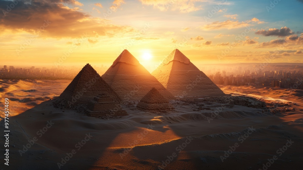Stunning view of majestic pyramids under a sunset sky, capturing the ...