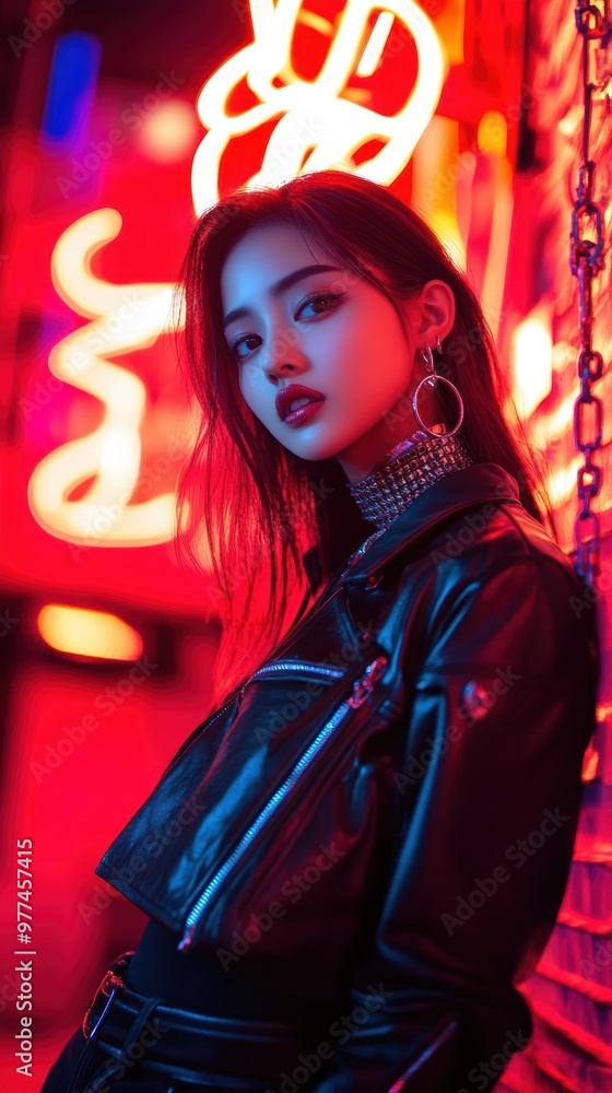 Stylish woman in leather jacket poses against neon lights, exuding confidence and urban charm in a vibrant cityscape. Stylish woman in leather jacket poses against neon lights, exuding confidence and urban charm in a vibrant cityscape.