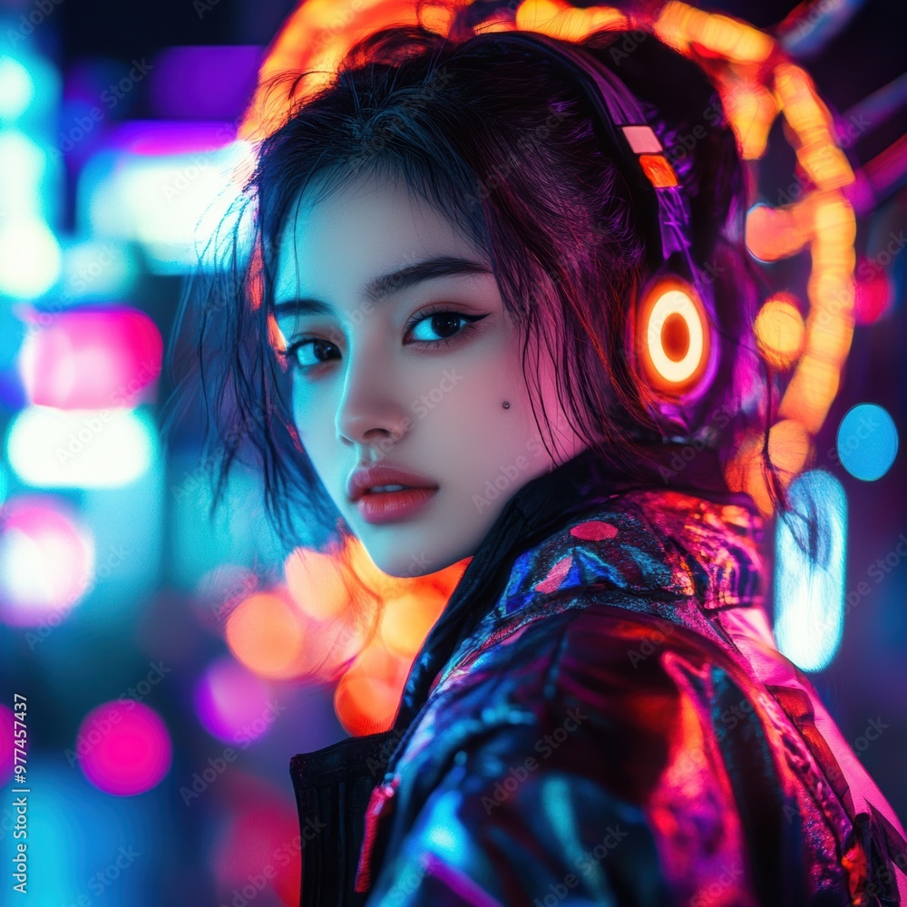 Fototapeta premium Stylish woman with neon headphones in a vibrant cityscape, embodying a modern, artistic nightlife vibe.