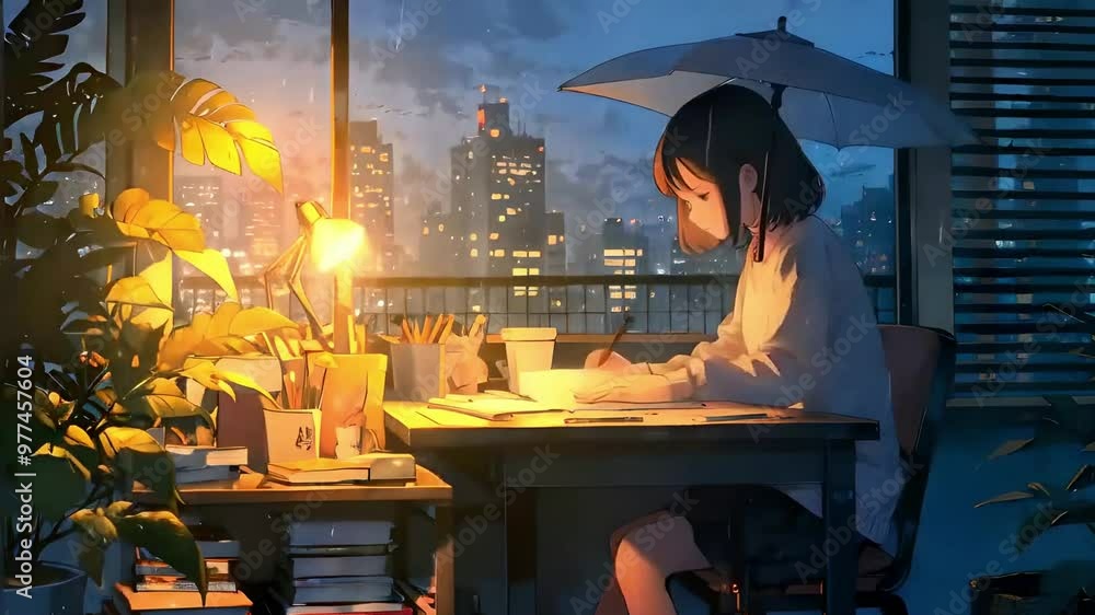 A young girl studying at her desk, a calm atmosphere fills the room. Outside, the rain falls gently with an anime and manga style, rain effect. A young girl studying at her desk, a calm atmosphere fills the room. Outside, the rain falls gently with an anime and manga style, rain effect.