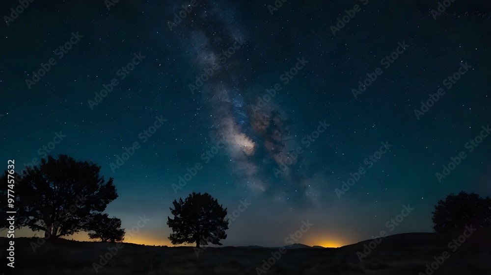 Starry night sky with a stunning galaxy, showcasing the vastness of space, framed by tree silhouettes in the foreground Starry night sky with a stunning galaxy, showcasing the vastness of space, framed by tree silhouettes in the foreground