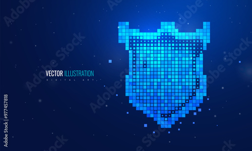 Shield protection with particle light effect in futuristic style. Pixel vector illustration defense - safety and security concept
