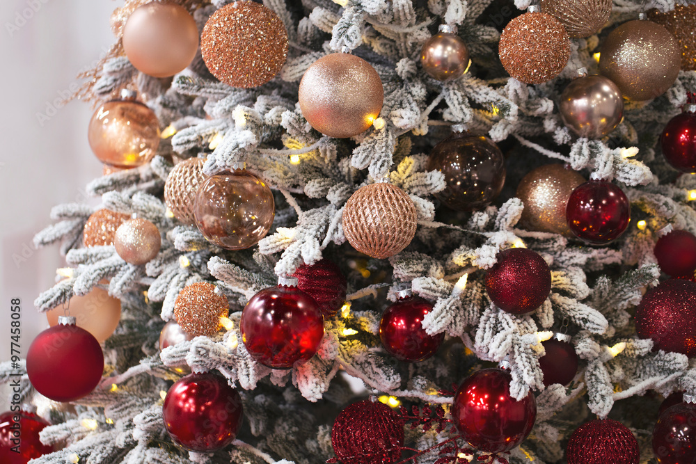 Decorated xmas tree with fake snow and red sparkly balls. Decorated xmas tree with fake snow and red sparkly balls.