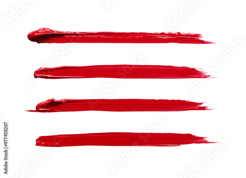 A smear of red lipstick or acrylic paint. Energetic and saturated color, stylish and dynamic image. The image is suitable for use in cosmetic companies, fashion magazines, art projects.