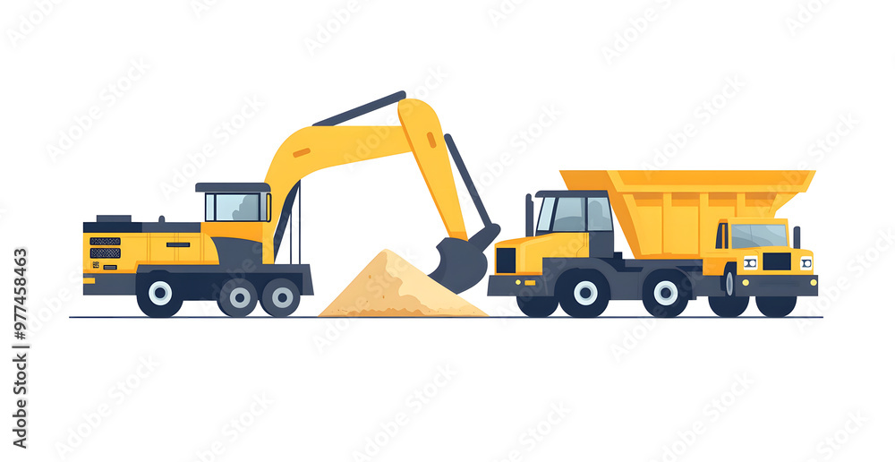 Excavator and Dump Truck at a Construction Site with Workers Operating Heavy Machinery Excavator and Dump Truck at a Construction Site with Workers Operating Heavy Machinery