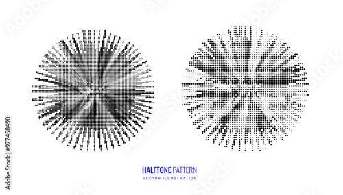 Halftone circle in grunge techno style. Geometric shape with dot pattern as a design element, logo, icon. Vector illustration