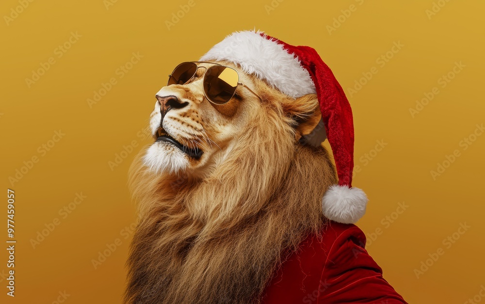 A charismatic lion dressed in a Santa suit and aviator sunglasses, roaring confidently on a golden yellow-to-brown gradient A charismatic lion dressed in a Santa suit and aviator sunglasses, roaring confidently on a golden yellow-to-brown gradient