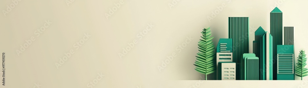 Obraz premium Stylish 3D illustration of a green cityscape with modern buildings and trees, perfect for sustainability themed projects.