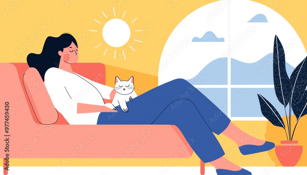 A content woman lounging on the sofa with her pet, stroking her cat while gazing out of the window, enjoying a peaceful, relaxing afternoon A content woman lounging on the sofa with her pet, stroking her cat while gazing out of the window, enjoying a peaceful, relaxing afternoon