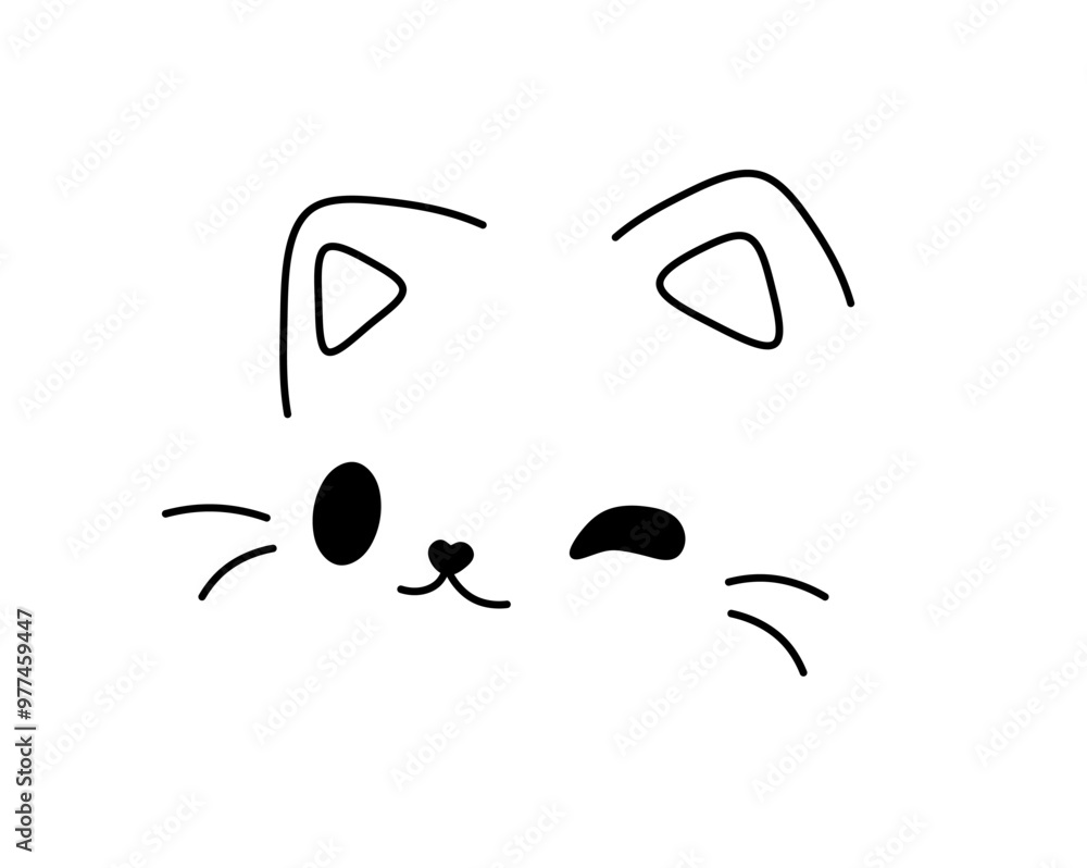 Vector isolated one single cute cartoon funny winking cat head muzzle doodle colorless black and white contour line easy drawing Vector isolated one single cute cartoon funny winking cat head muzzle doodle colorless black and white contour line easy drawing