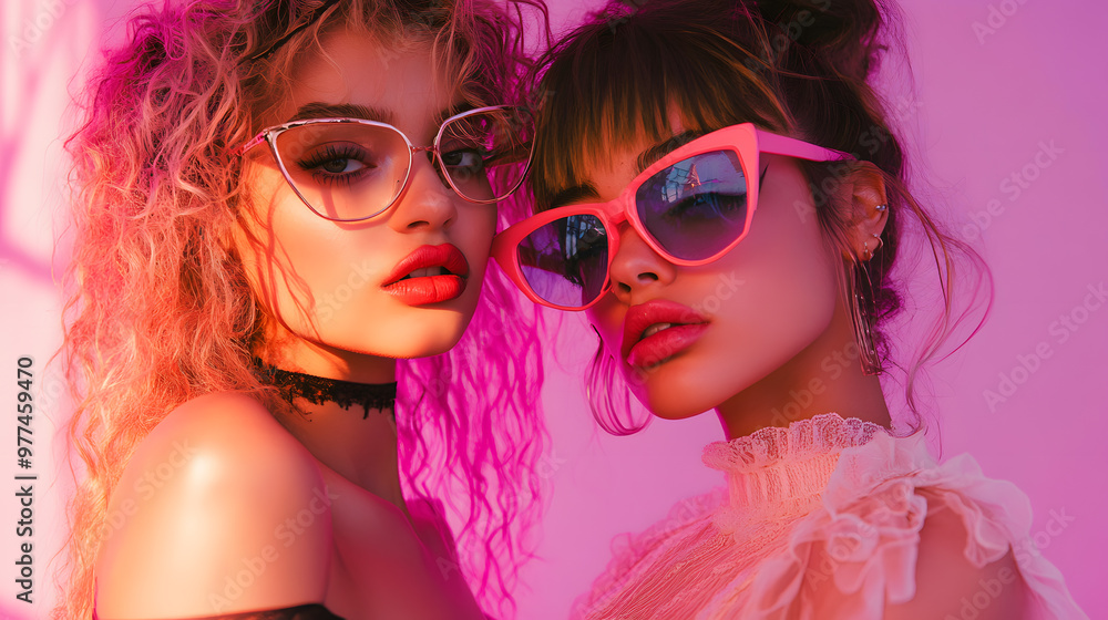 A vibrant portrait of young girl from the 80s and 90s, featuring bold neon colors. Vintage trends A vibrant portrait of young girl from the 80s and 90s, featuring bold neon colors. Vintage trends