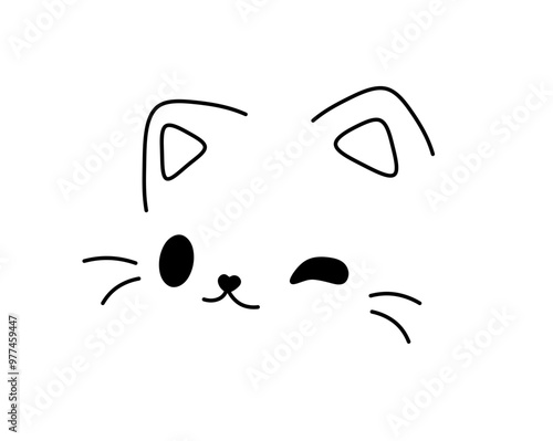 Vector isolated one single cute cartoon funny winking cat head muzzle doodle colorless black and white contour line easy drawing