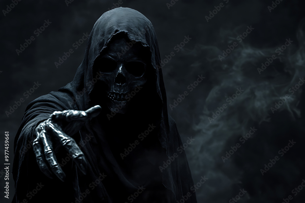 A dark figure in a hooded cloak reaches out, embodying a skeletal representation of death. A dark figure in a hooded cloak reaches out, embodying a skeletal representation of death.