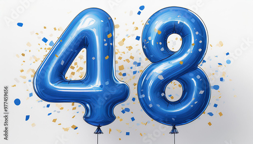 Blue birthday / anniversary balloon, number 48, white background with confetti photo