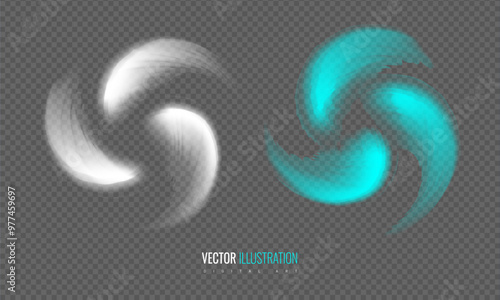 Fan light effect on a transparent background. Concept driving streams of cold fresh air, creating a vortex as blower rotates. Design element twirl blower