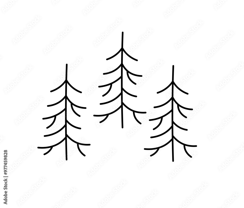 Vector isolated three simple fir trees or fur tree doodle colorless black and white contour line easy drawing Vector isolated three simple fir trees or fur tree doodle colorless black and white contour line easy drawing
