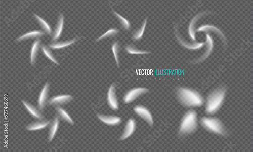 Air swirling currents forming fan circular shapes on transparency grid. Set elements for airflow, breeze, and movement, cooling systems, air conditioning, and ventilation. Vector