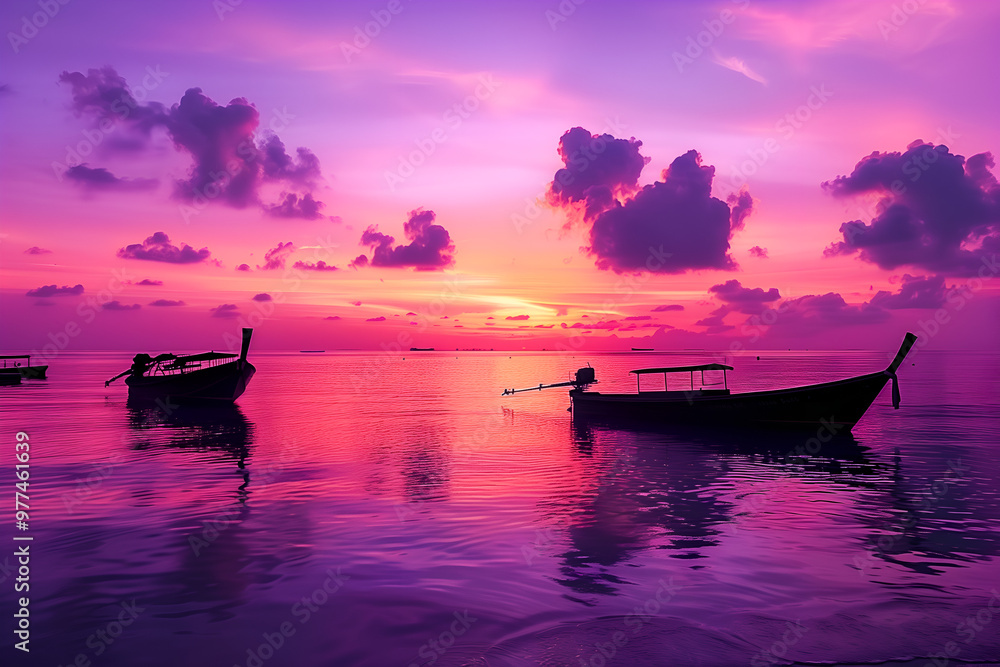 Tranquil Sunset Seascape: Silhouettes of traditional boats glide across a calm, cerulean sea, bathed in the ethereal glow of a vibrant magenta sunset, offering a serene and captivating view. Tranquil Sunset Seascape: Silhouettes of traditional boats glide across a calm, cerulean sea, bathed in the ethereal glow of a vibrant magenta sunset, offering a serene and captivating view.