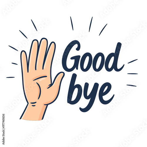 A cheerful illustration of a hand waving goodbye text symbolizing farewell and new beginnings. transparent background